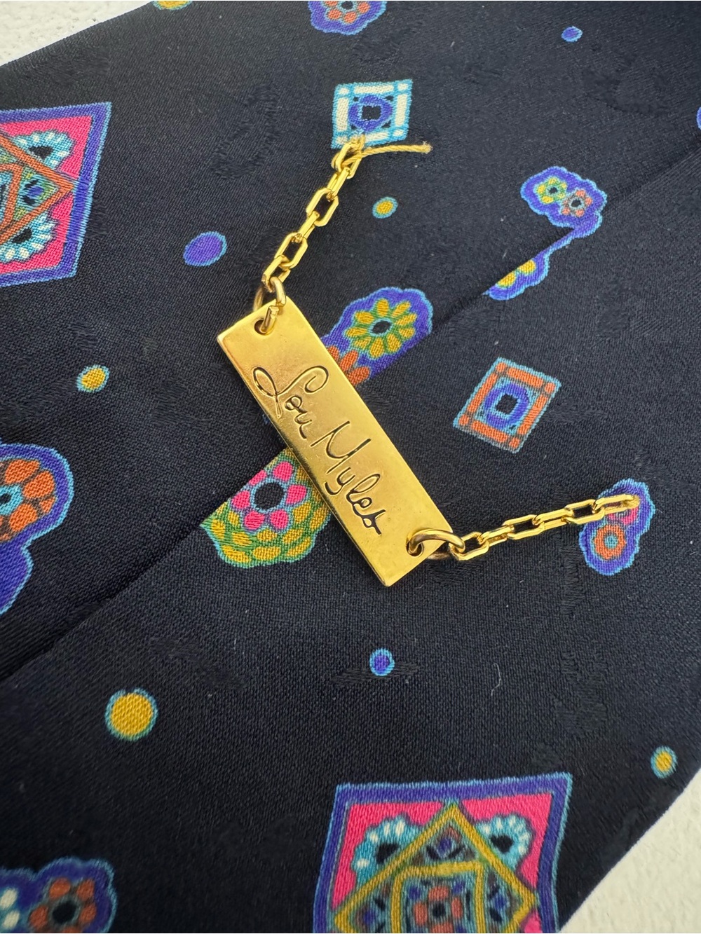 Vtg Lou Myles | 100% Silk Tie | Geometric Medallion | Blue| Gold Chain keeper